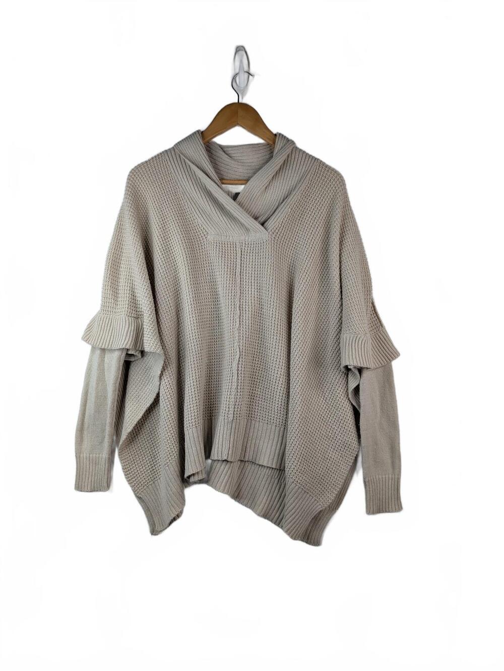 Quinn Cowl Neck Oversized Chunky Waffle Knit Poncho Sweater - Beige Size Small